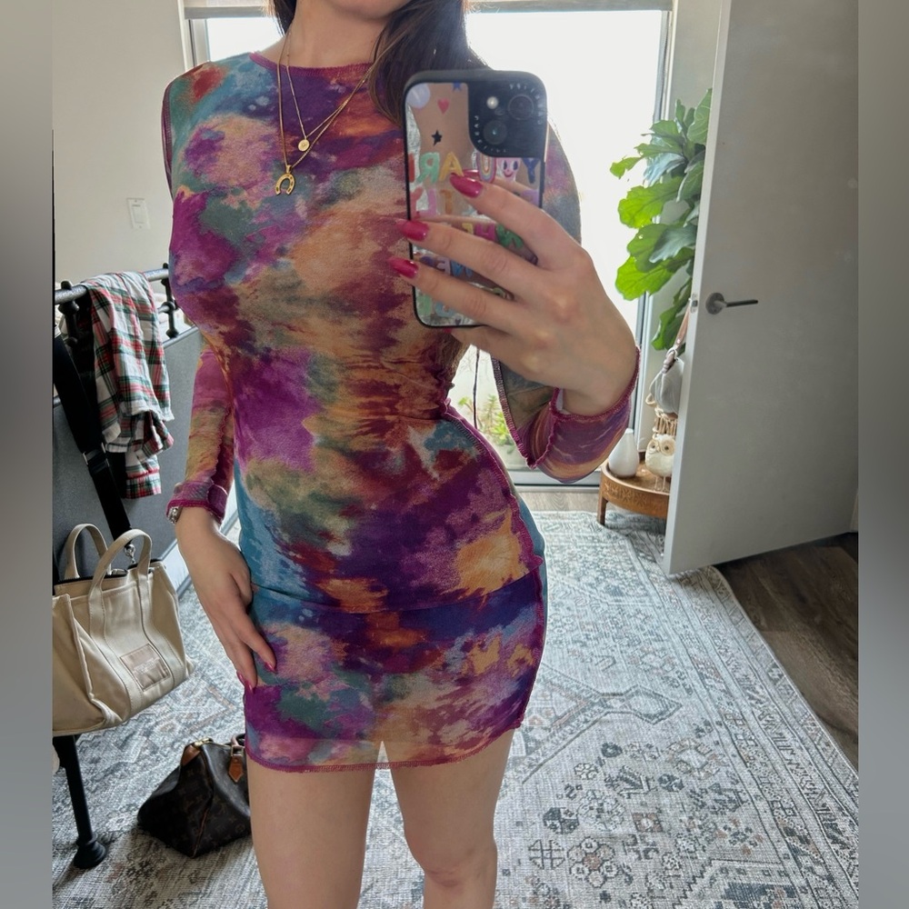 Mesh backless multicolor mini dress